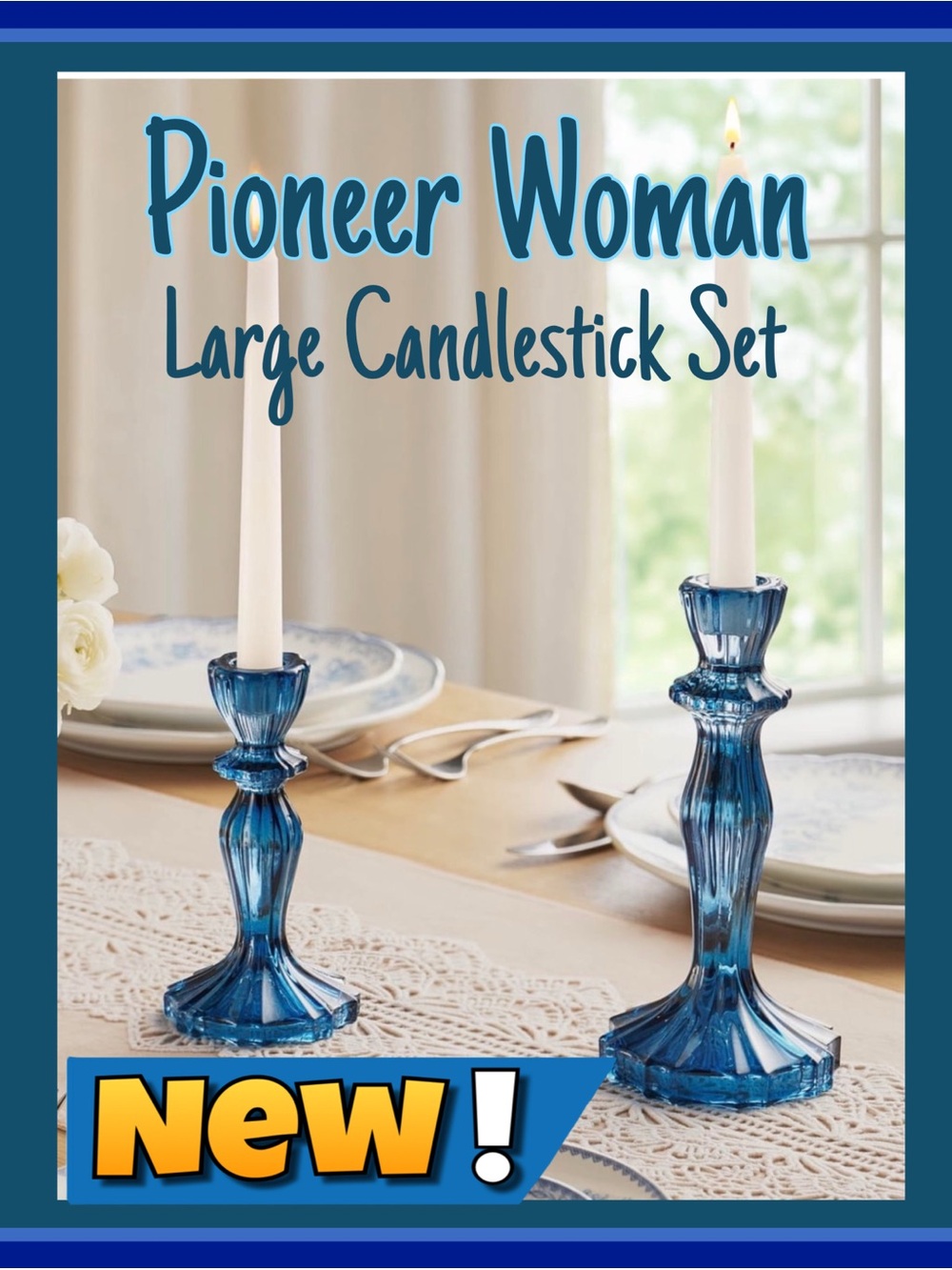 Pair of The Pioneer Woman Blue Glass Candlesticks Already Sold Out
